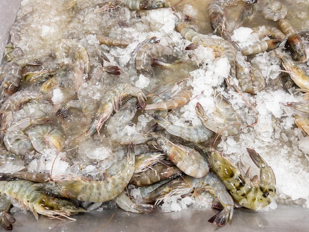 Les nombreuses crevettes fraîches sur la plaque de métal avec la glace pilée à vendre dans la vue de face du supermarché avec l'espace de copie