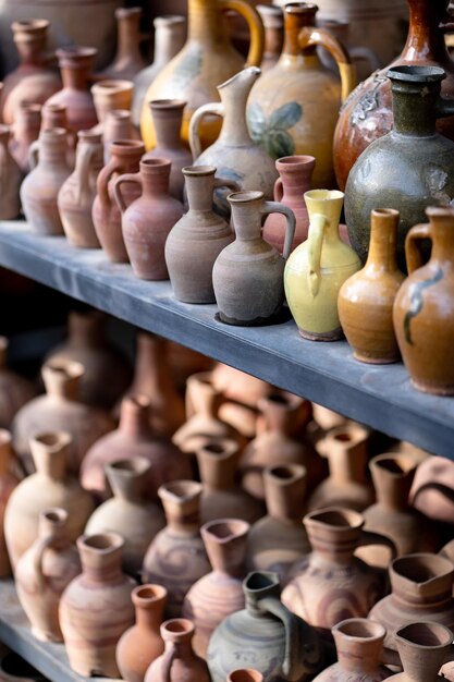 De nombreuses cruches et vases en argile colorés faits à la main uniques de différentes formes sur une étagère sur le marché local