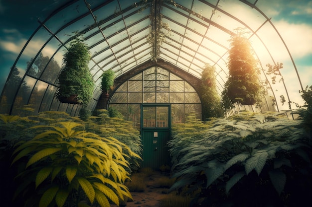 De nombreuses inflorescences de plantes de cannabis poussant dans une serre fermée
