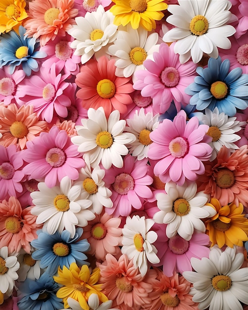 Photo de nombreuses marguerites de différentes couleurs y sont placées