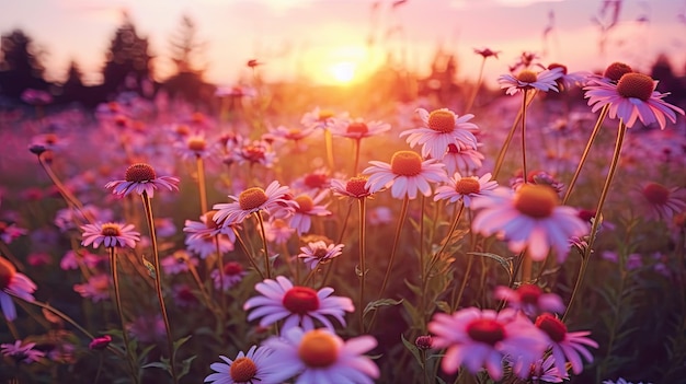 De nombreuses marguerites de fleurs dans le champ dans la nature le soir au coucher du soleil