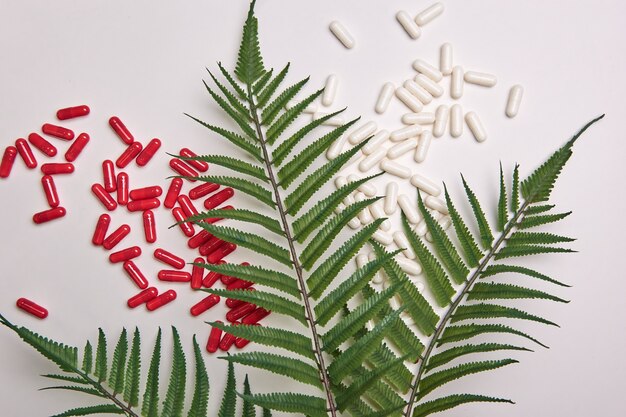 De nombreuses pilules capsules blanches et rouges sur un fond coloré, des suppléments de santé et des médicaments