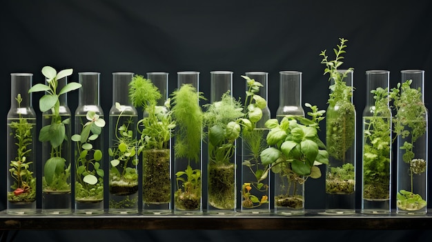 Photo de nombreuses plantes vertes poussent dans des tubes d'essai avec de l'eau étude en profondeuria générative