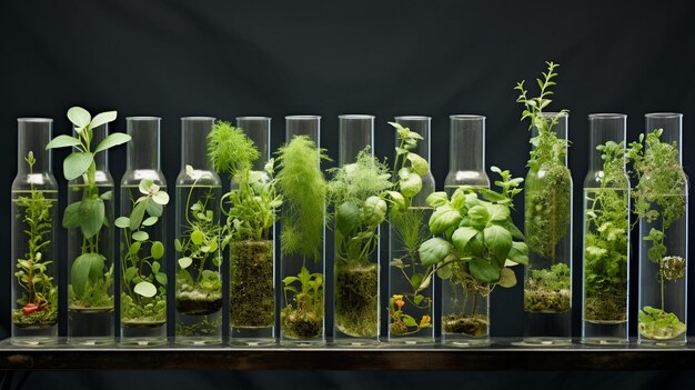 De nombreuses plantes vertes poussent dans des tubes d'essai avec de l'eau Étude en profondeurIA générative