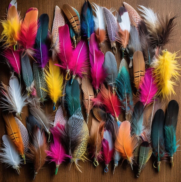 De nombreuses plumes colorées sont sur une table, dont une qui dit coloré