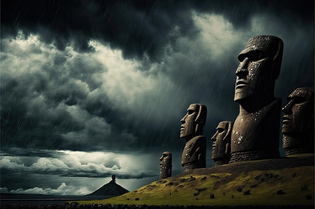 De nombreuses statues moai sur l'île de pâques dans un orage dramatique créé avec une ai générative