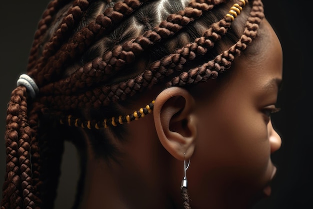 Photo de nombreuses tresses fines sur la tête d'une jeune fille de style africain générées par l'ia