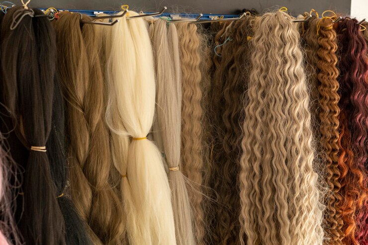 Photo de nombreuses variétés de cheveux pour les coiffures cheveux multicolores dans un salon de beauté concept de tressage d'extension faisant des dreadlocks de coiffure