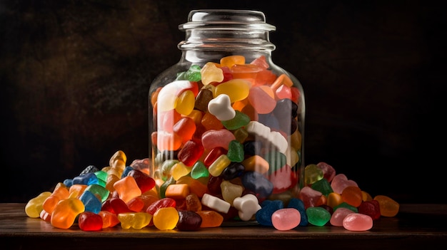 De nombreux bonbons de différentes nuances et formes débordant d'un bocal en verre Generative AI