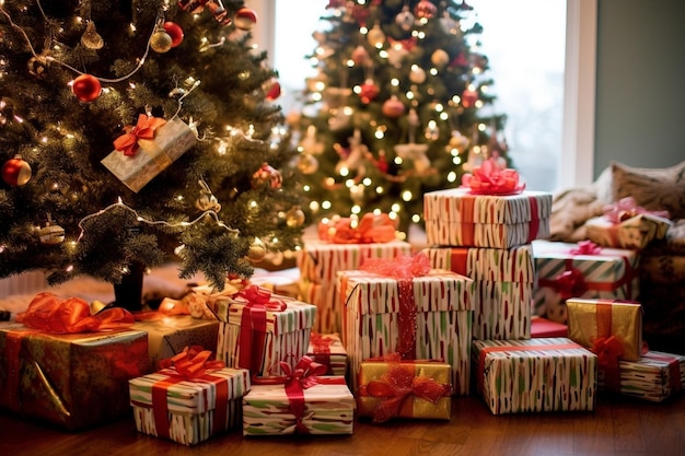 De nombreux cadeaux de Noël sous l'arbre avec des ornements boules de Noël ruban arc flocons de neige IA générative