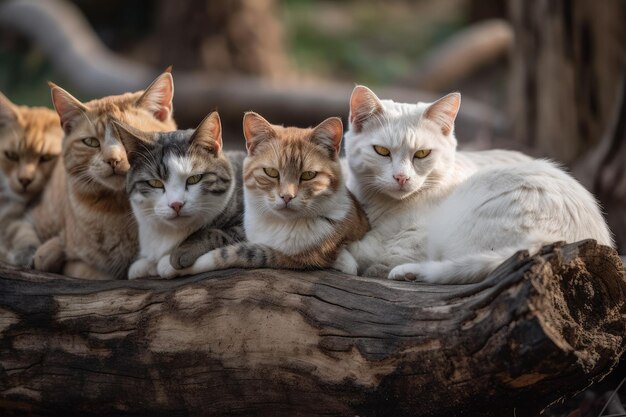 De nombreux chatons confortables sont recroquevillés sur une vieille bûche