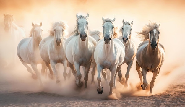 de nombreux chevaux qui courent dans la terre dans le style de la lumière blanche et beige