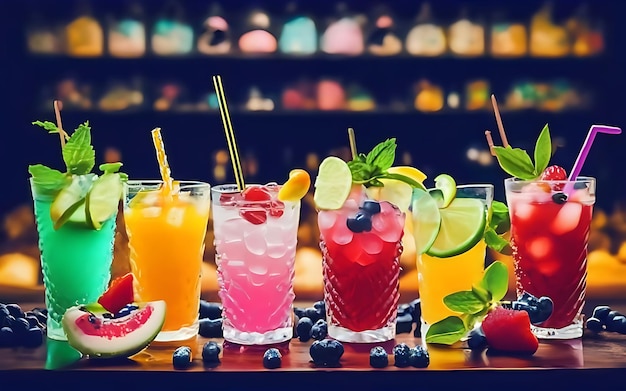De nombreux cocktails de fruits colorés rafraîchissants avec de la menthe de citron glacé et des baies sur un comptoir de bar, une fête de club de nuit avec des boissons gazeuses