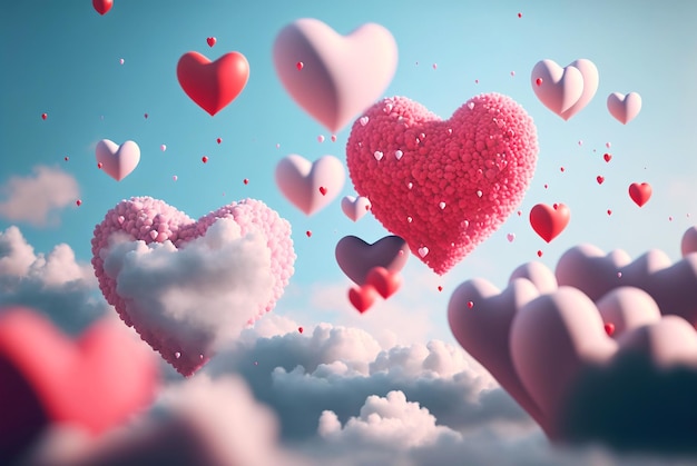De nombreux coeurs roses volent comme des ballons dans le ciel avec des nuages pour la Saint-Valentin Generative AI