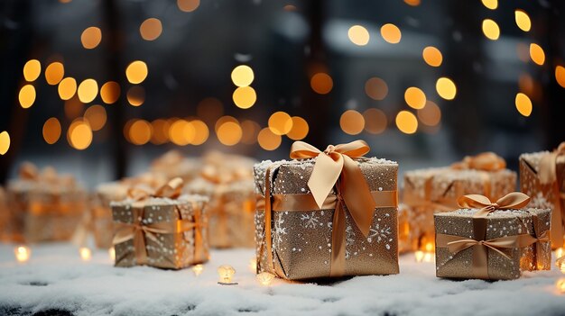 De nombreux coffrets cadeaux sur une surface enneigée avec des lumières floues en arrière-plan Composition des vacances du Nouvel An générée par l'IA