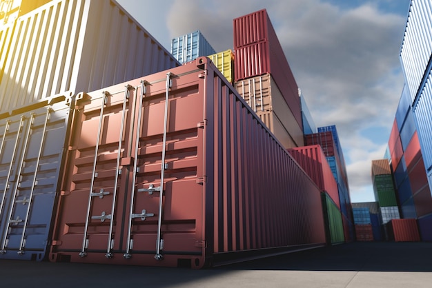 De nombreux conteneurs de fret longs empilés au terminalport pour les activités d'import-export Logistique