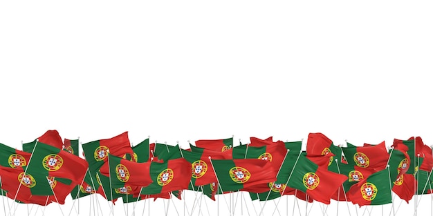 De nombreux drapeaux portugais sur fond blanc rendu 3d