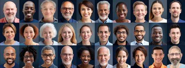 De nombreux groupes ethniques divers et heureux différents jeunes et personnes âgées groupent des photos dans la collection de mosaïques de collage Beaucoup de visages multiculturels souriants regardant la caméra Concept de base de données de la société des ressources humaines