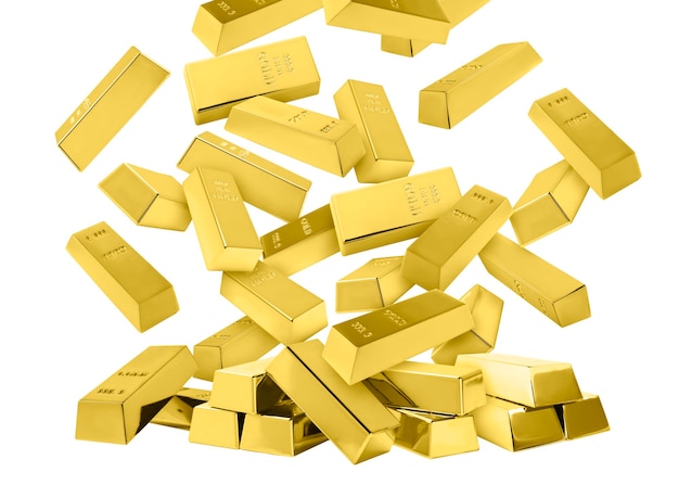 Photo de nombreux lingots d'or tombant sur fond blanc