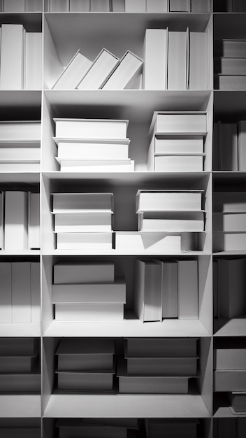 De nombreux livres de couleur blanche à couverture rigide sur l'étagère en acier utilisée pour la décoration intérieure.