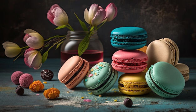 De nombreux macarons colorés sur fond sombre Bonbons pour toute célébration Generative AI