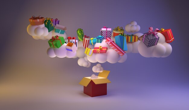 Photo de nombreux nuages flottent hors des grandes boîtes-cadeaux et il y a beaucoup de boîtes-cadeaux sur le dessus. idée minimale. rendu 3d.