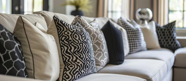 Photo de nombreux oreillers décorent le canapé dans un espace de vie à la mode