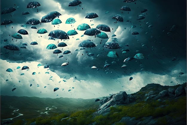 De nombreux parapluies volant dans un paysage naturel dans un orage dramatique créé avec une IA générative
