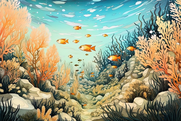 De nombreux petits poissons jaunes nageant dans un récif de corail sous-marin Generative AI