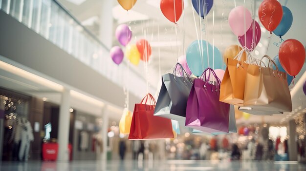 de nombreux sacs à provisions suspendus à des ballons volants