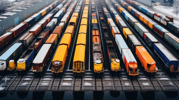 Photo de nombreux trains de marchandises dans la gare