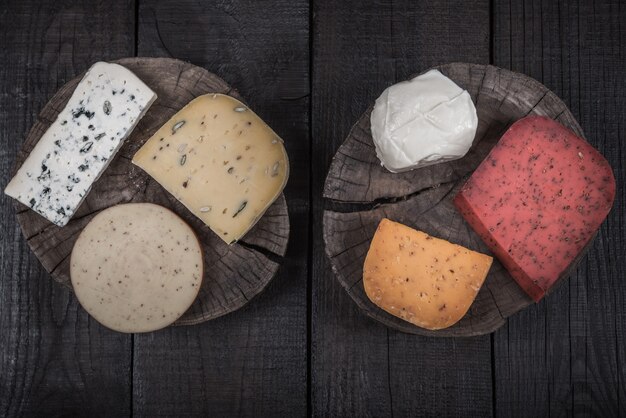 De nombreux types de fromages sur l'extrémité en bois d'un arbre