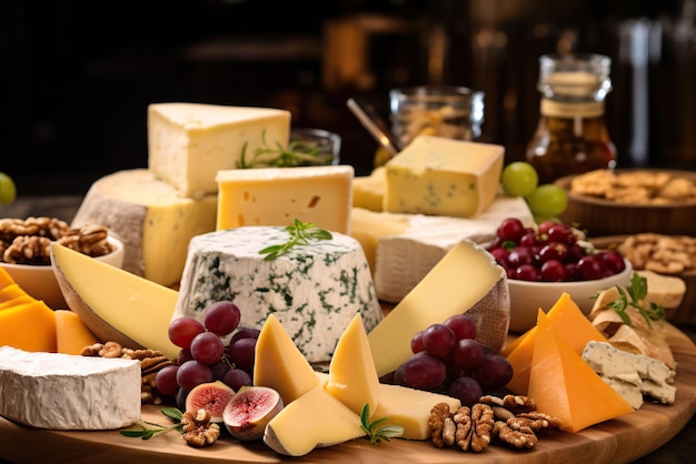 Photo de nombreux types de fromages sur une planche de bois photographie alimentaire