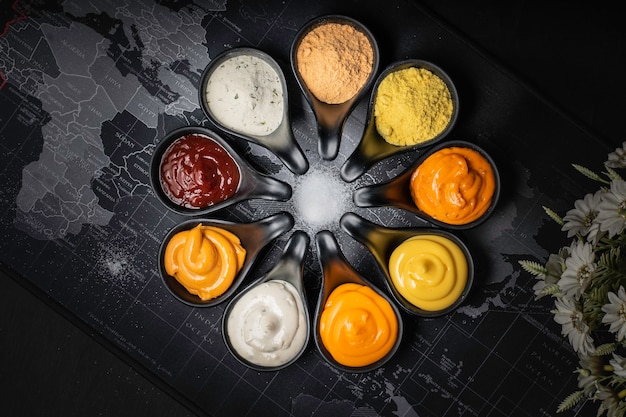 De nombreux types de sauces sur fond noir