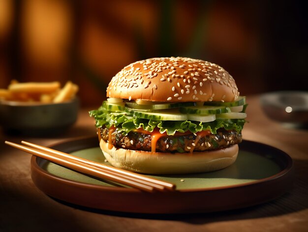 Énorme burger végétarien sur support en bois Ai Generative