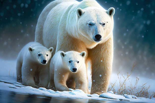 Énorme ours avec oursons à fourrure blanche dans la neige au bord de l'eau