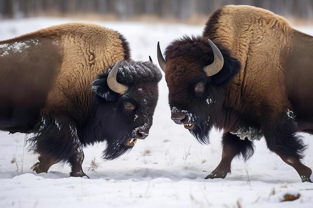 Énorme paire de bisons butant sur la neige