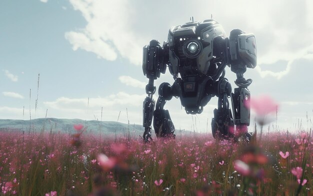 Énorme robot cyberpunk marchant dans un champ de fleurs d'été