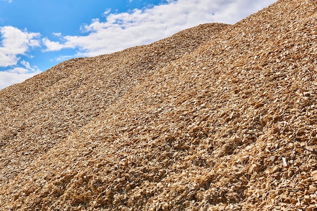 Énorme tas de copeaux de bois frais contre le ciel