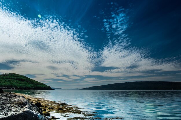 Norvège paysages lac montagnes sur fond et ciel nuageux