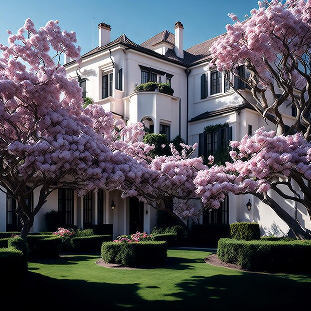 Nos magnifiques maisons de luxe sont entourées d'un paysage pittoresque d'IA blanche et rose.