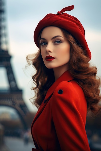 Nostalgie du vieux Paris Belle femme française près de la Tour Eiffel