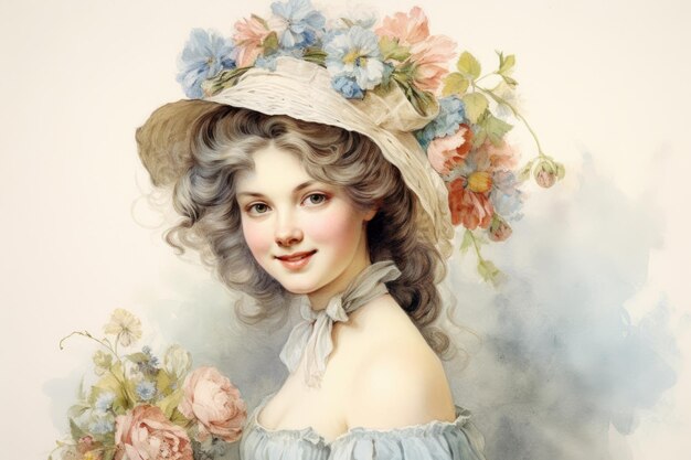 Nostalgie du vieux Paris Illustration aquarelle d'une jeune femme française avec des fleurs XVIIIe siècle