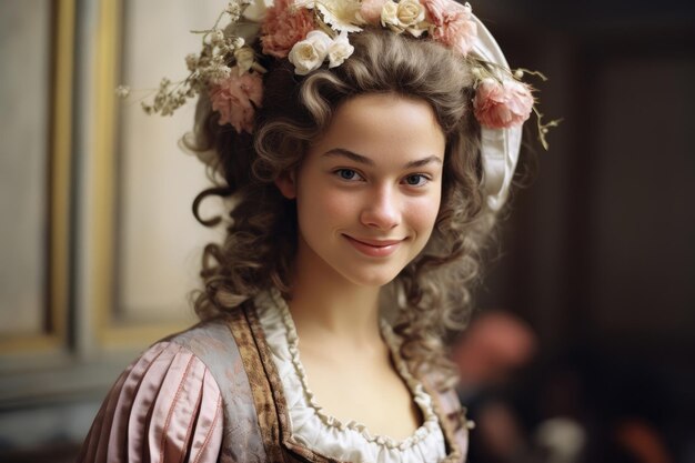 Nostalgie du vieux Paris Vieille photo de jeune femme française souriante avec des fleurs 18ème siècle