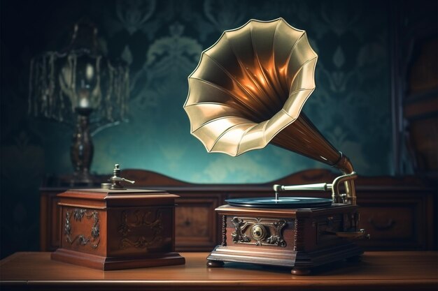 Nostalgie musicale Vintage aquamarine gramophone filtré photo contexte du concept des années 90