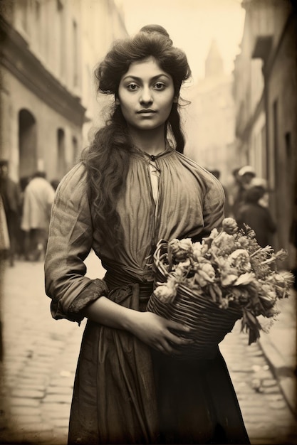 Nostalgie pour le vieux Paris Vieille photo d'une jeune et jolie femme française avec des fleurs du 18e siècle