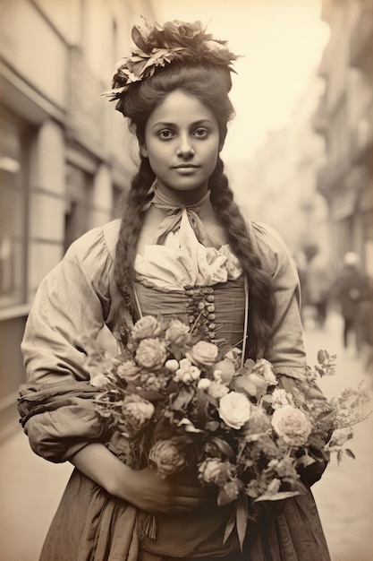 Nostalgie pour le vieux Paris Vieille photo d'une jeune et jolie femme française avec des fleurs du 18e siècle