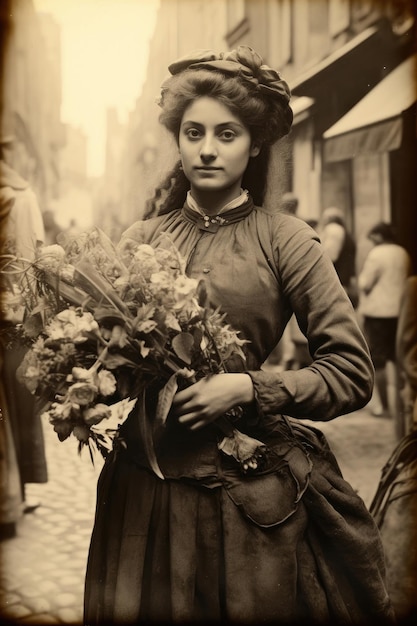 Photo nostalgie pour le vieux paris vieille photo d'une jeune et jolie femme française avec des fleurs du 18e siècle