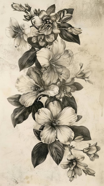 Nostalgique ancienne gravure fleurs délicates immortalisées dans des détails complexes évoquant la beauté intemporelle et l'artisanat des techniques de gravure traditionnelles un hommage vintage à l'élégance de la nature