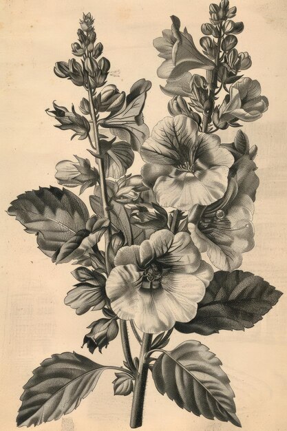 Nostalgique ancienne gravure fleurs délicates immortalisées dans des détails complexes évoquant la beauté intemporelle et l'artisanat des techniques de gravure traditionnelles un hommage vintage à l'élégance de la nature